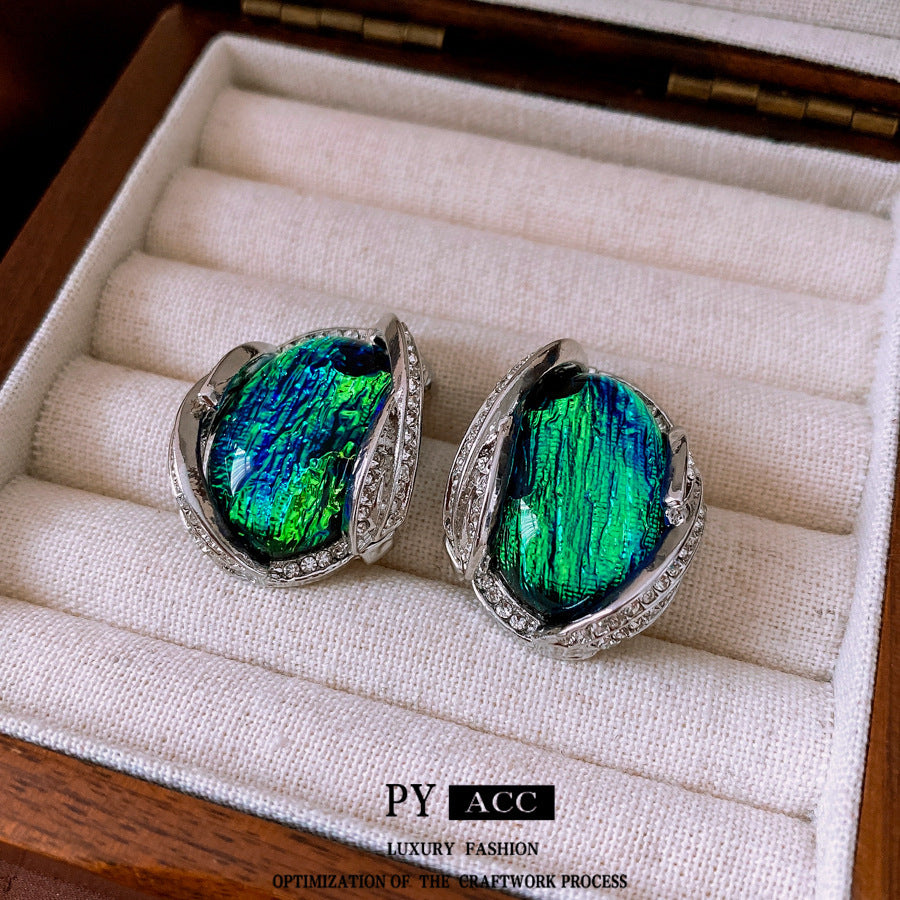 Silver Stud Rhinestone-encrusted Resin Earrings Fashion Temperament Entry Lux High Sense Ornament