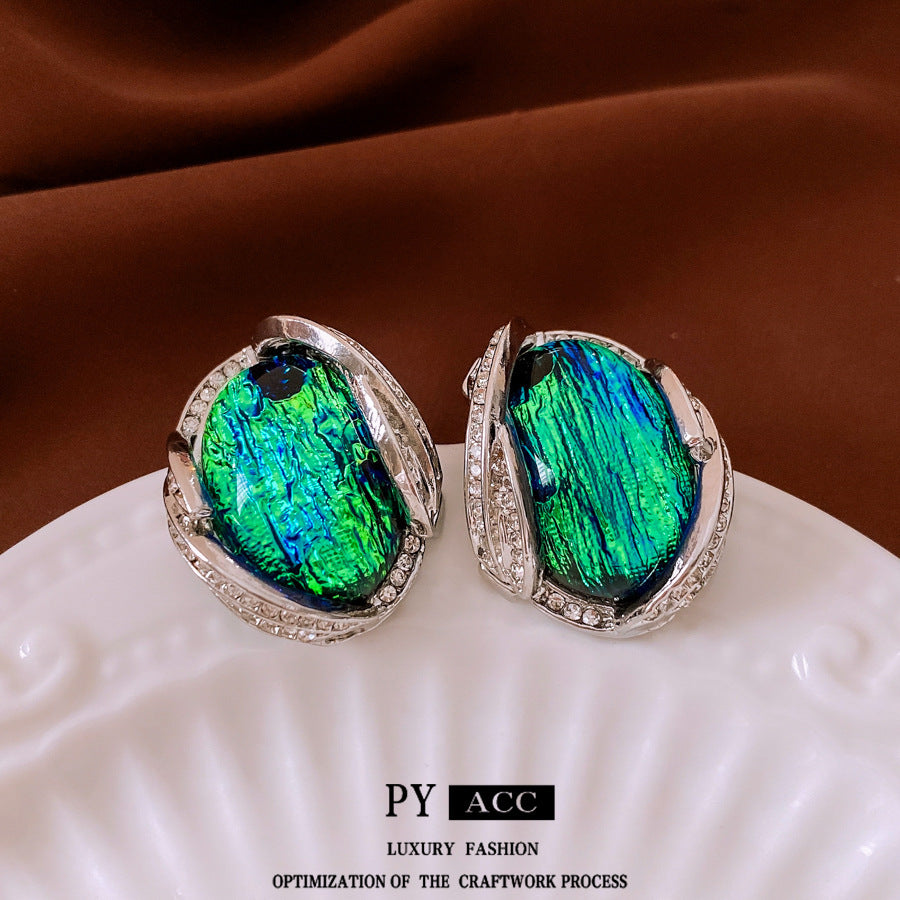 Silver Stud Rhinestone-encrusted Resin Earrings Fashion Temperament Entry Lux High Sense Ornament