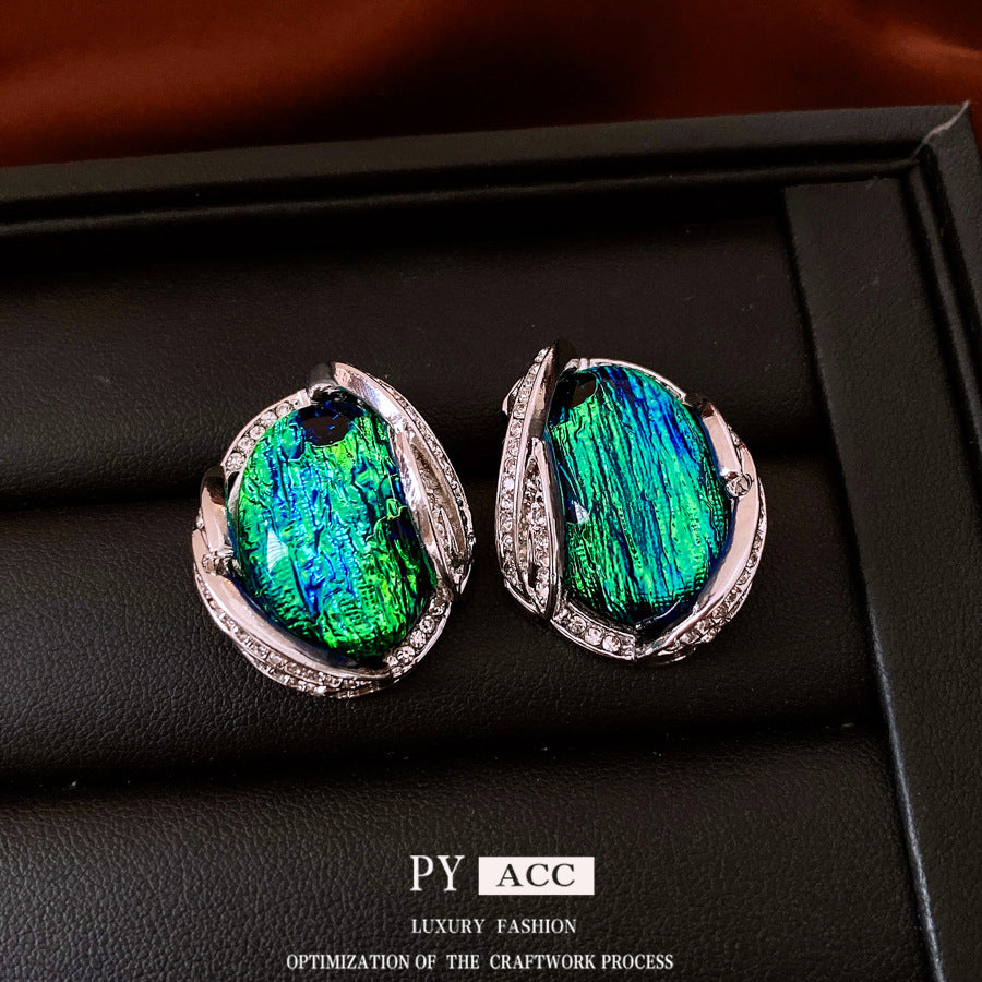 Silver Stud Rhinestone-encrusted Resin Earrings Fashion Temperament Entry Lux High Sense Ornament